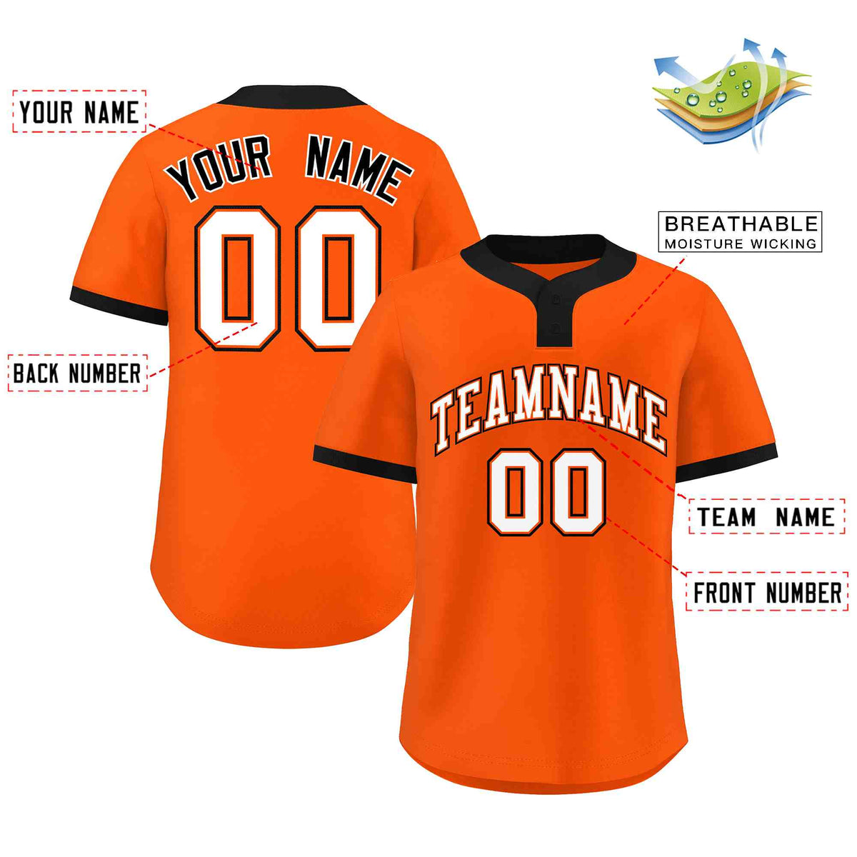 Custom Orange White-Black Classic Style Authentic Two-Button Softball Jersey Limited