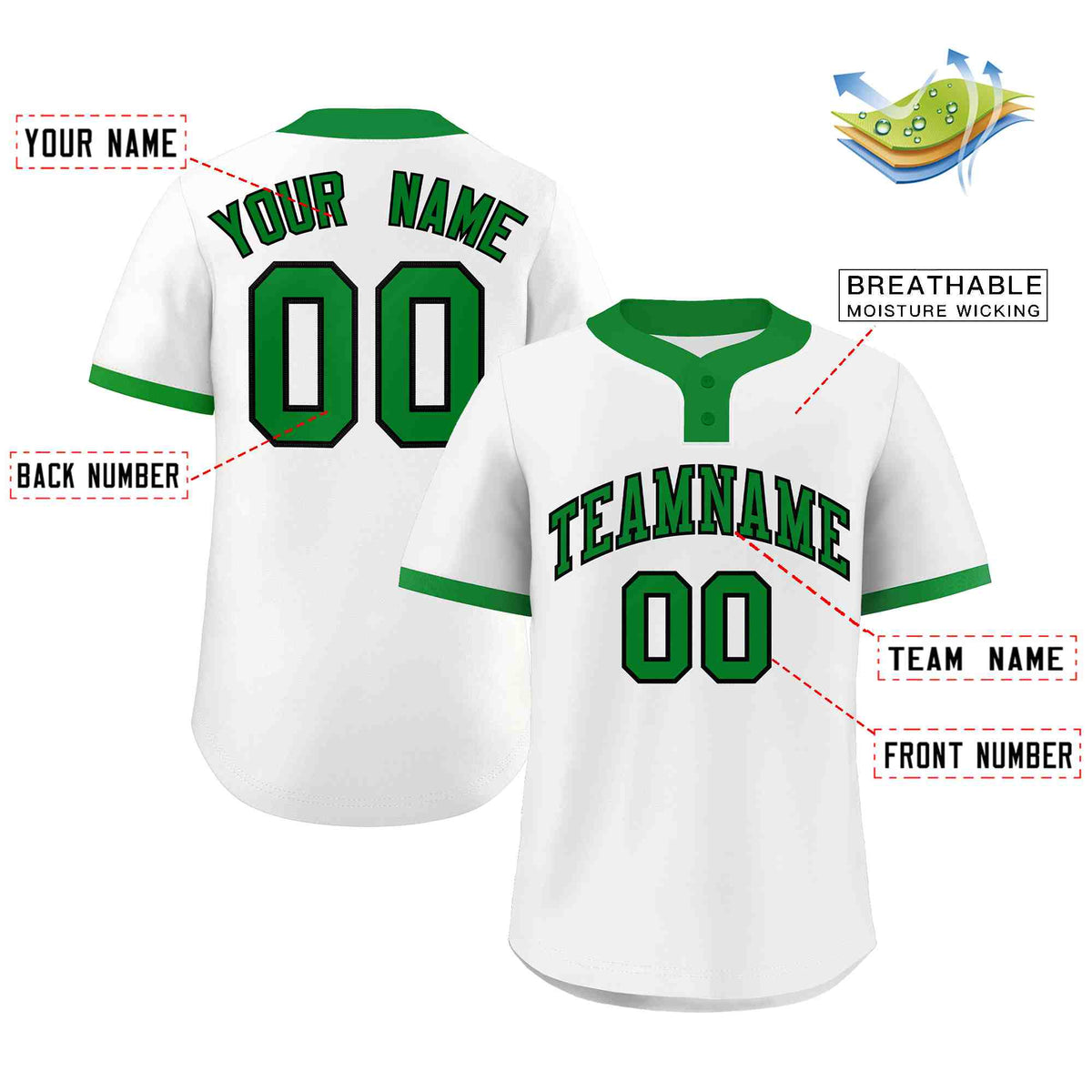 Custom White Kelly Green-Black Classic Style Authentic Two-Button Softball Jersey Limited