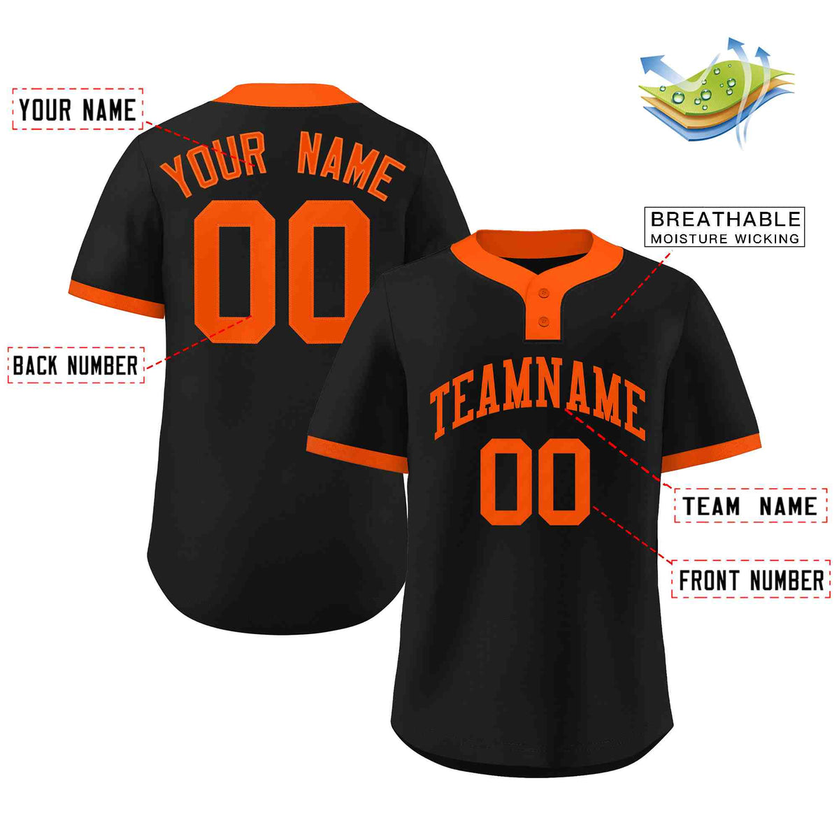 Custom Black Orange Classic Style Authentic Two-Button Softball Jersey Limited