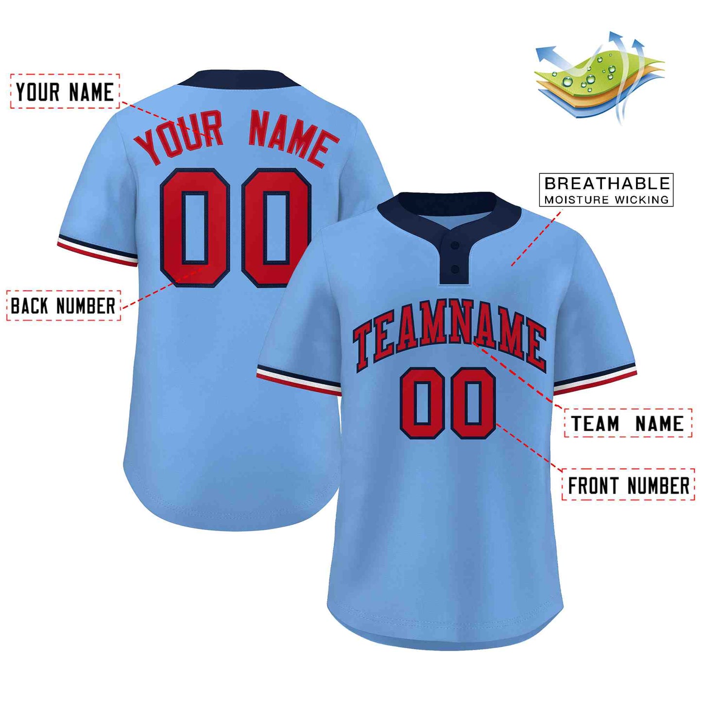 Custom Light Blue Red-Navy Classic Style Authentic Two-Button Softball Jersey Limited