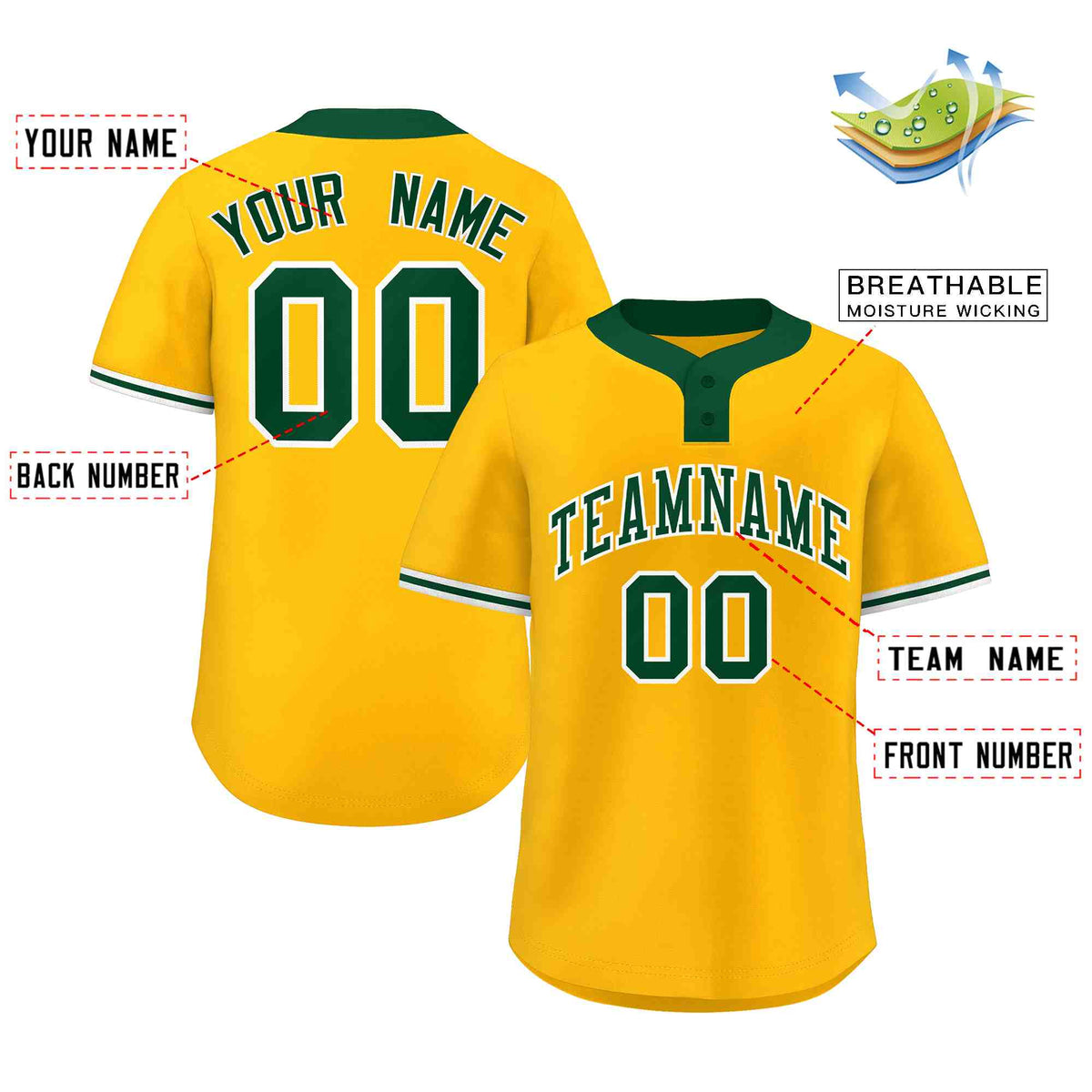 Custom Gold Kelly Green-White Classic Style Authentic Two-Button Softball Jersey Limited