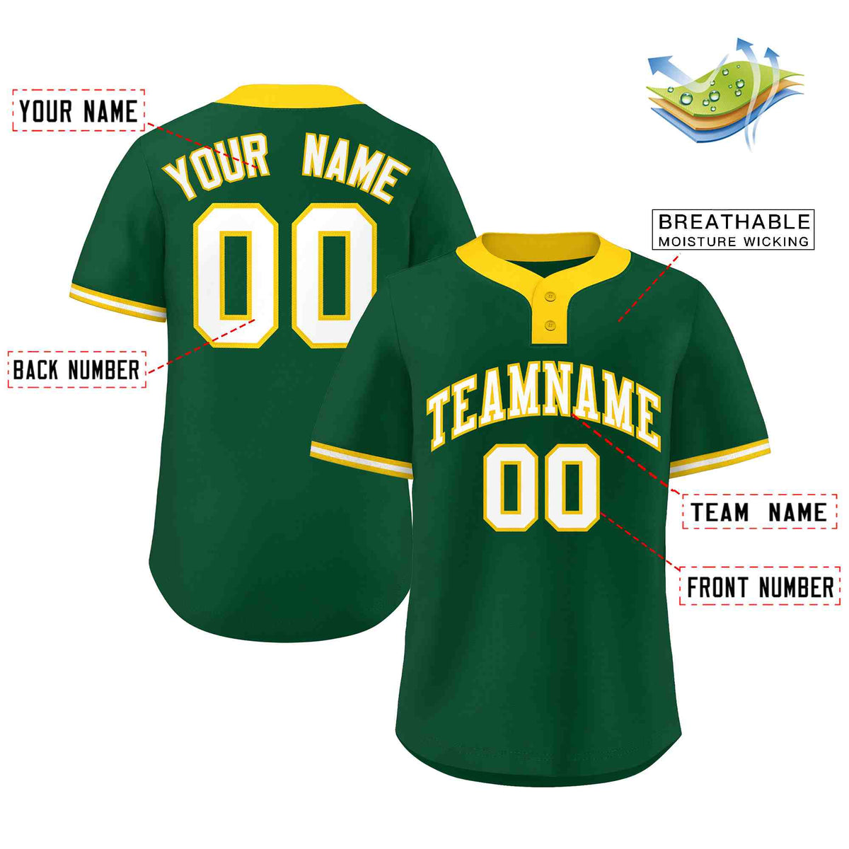 Custom Green White-Gold Classic Style Authentic Two-Button Softball Jersey Limited
