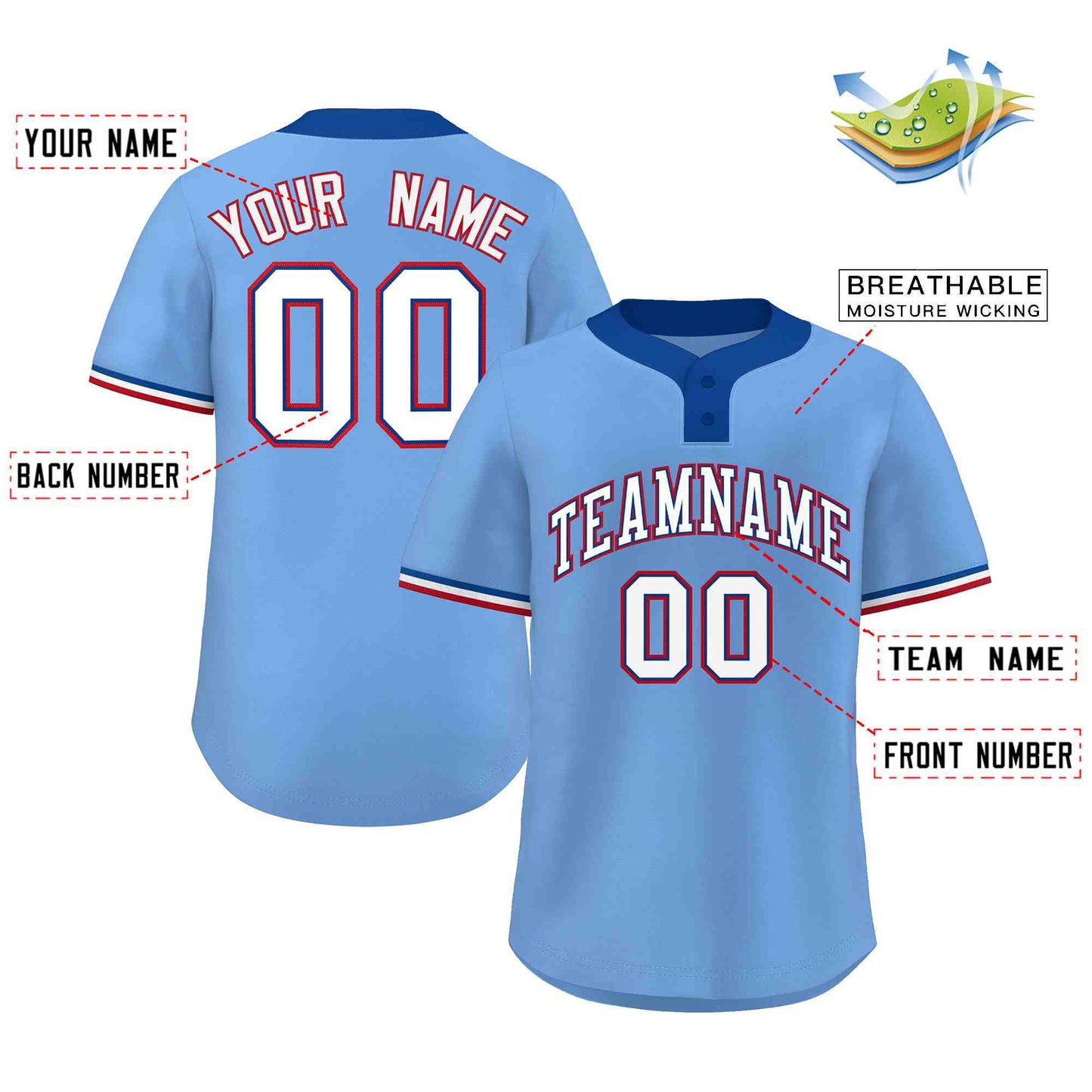 Custom Light Blue White-Red Classic Style Authentic Two-Button Softball Jersey Limited