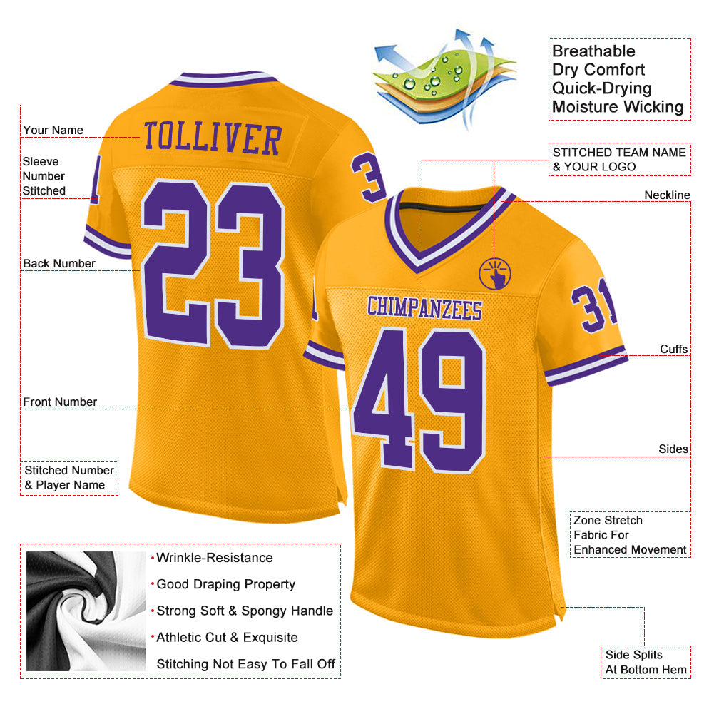 Custom Gold Purple-White Mesh Authentic Throwback Football Jersey Limited