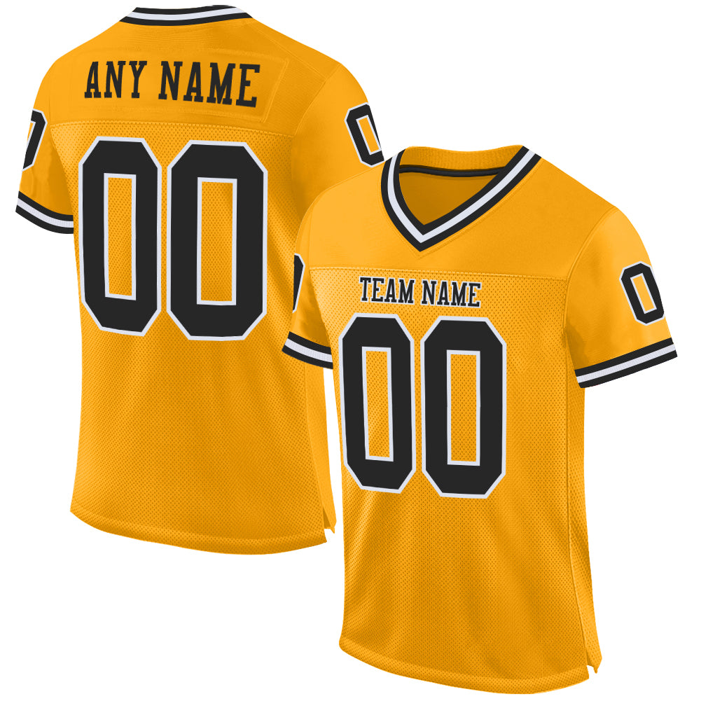 Custom Gold Black-White Mesh Authentic Throwback Football Jersey Limited