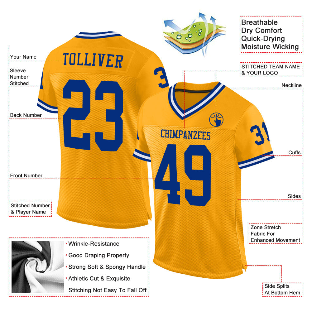 Custom Gold Royal-White Mesh Authentic Throwback Football Jersey Limited