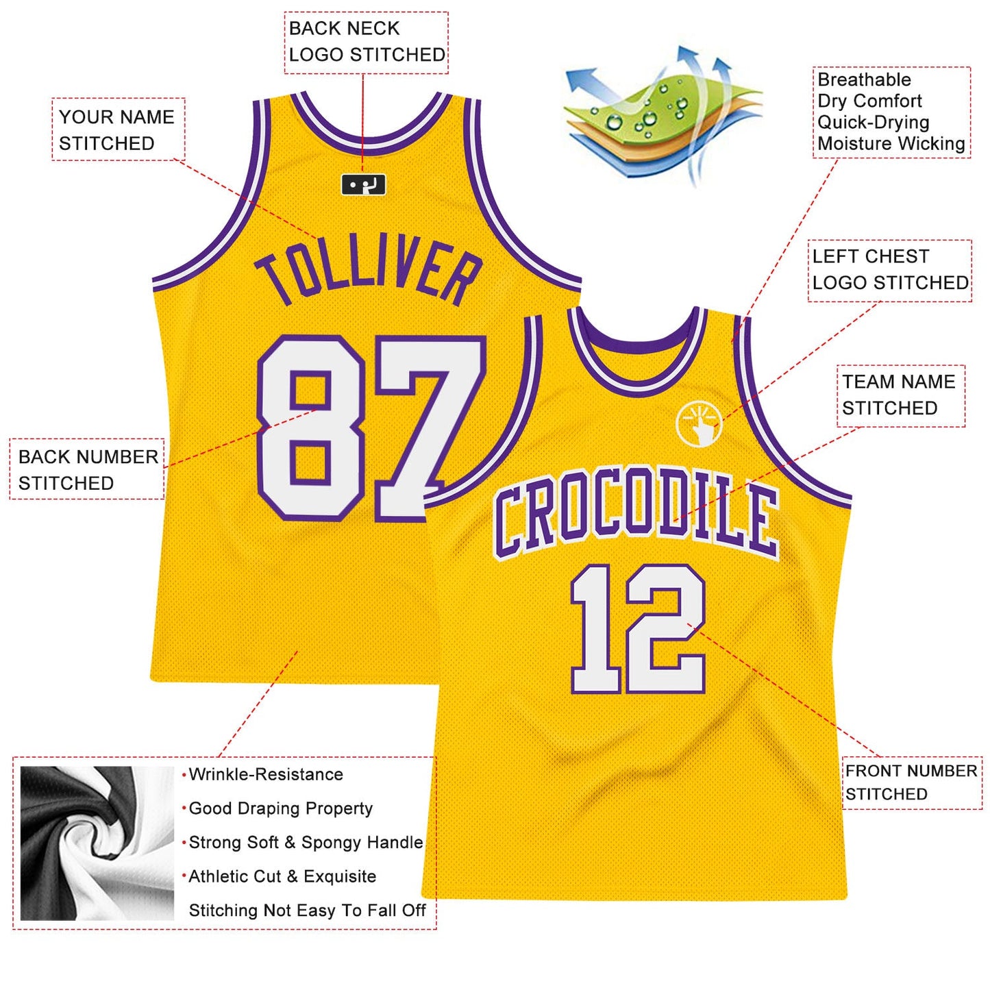Custom Gold White-Purple Authentic Throwback Basketball Jersey Limited