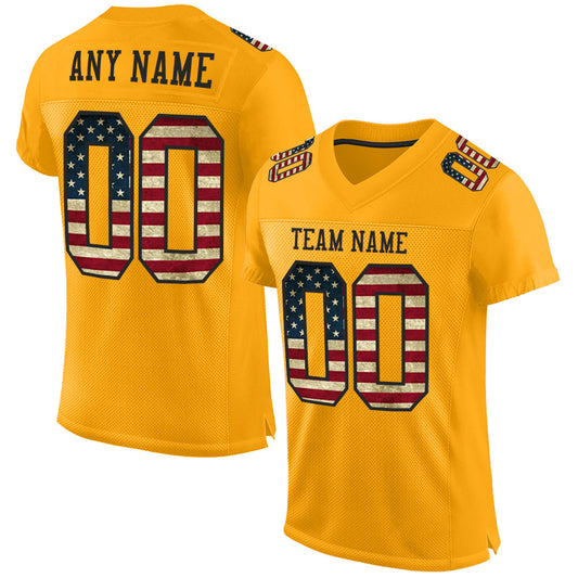 Custom Gold Vintage USA Flag-Black Mesh Authentic Football Jersey Limited