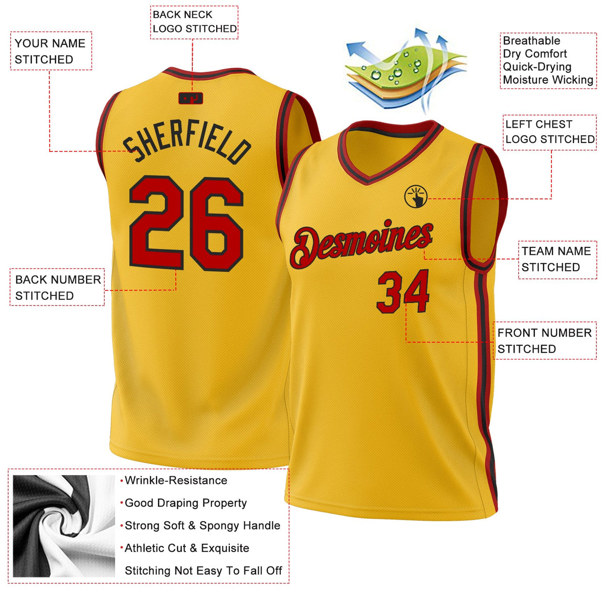 Custom Gold Red-Black Authentic Throwback Basketball Jersey Limited