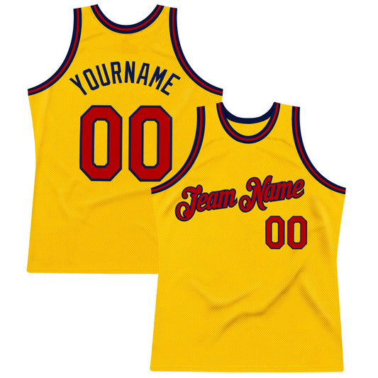 Custom Gold Red-Navy Authentic Throwback Basketball Jersey