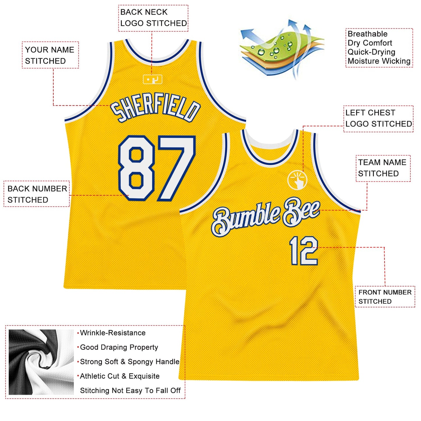 Custom Gold White-Royal Authentic Throwback Basketball Jersey Limited