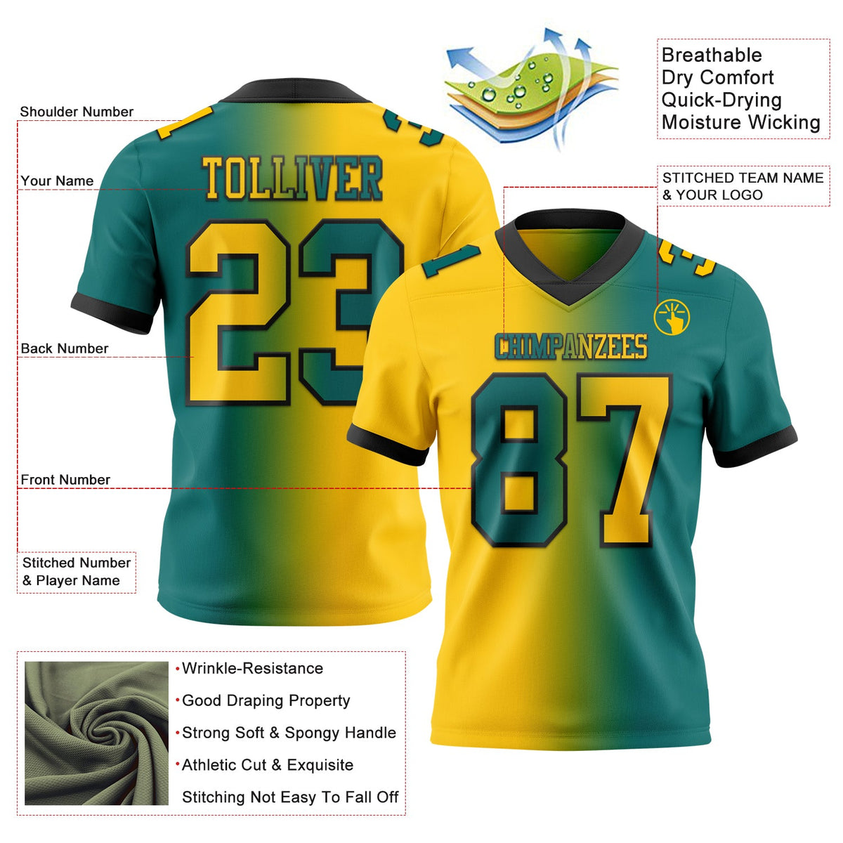 Custom Teal Yellow-Black Authentic Gradient Fashion Football Jersey Limited