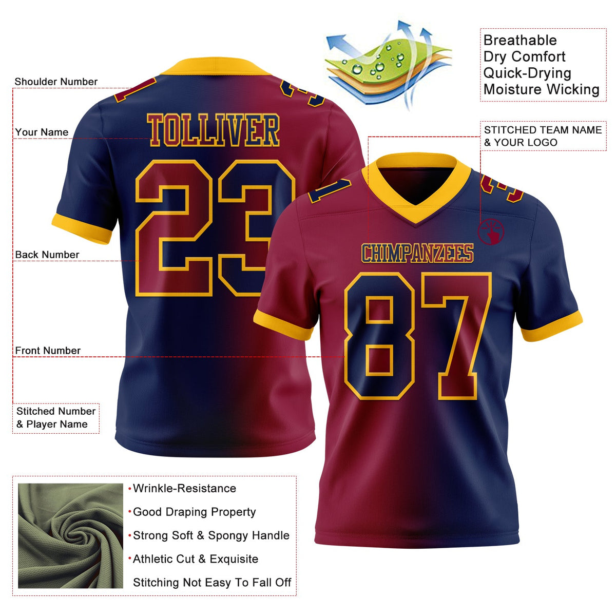 Custom Navy Maroon-Gold Authentic Gradient Fashion Football Jersey Limited