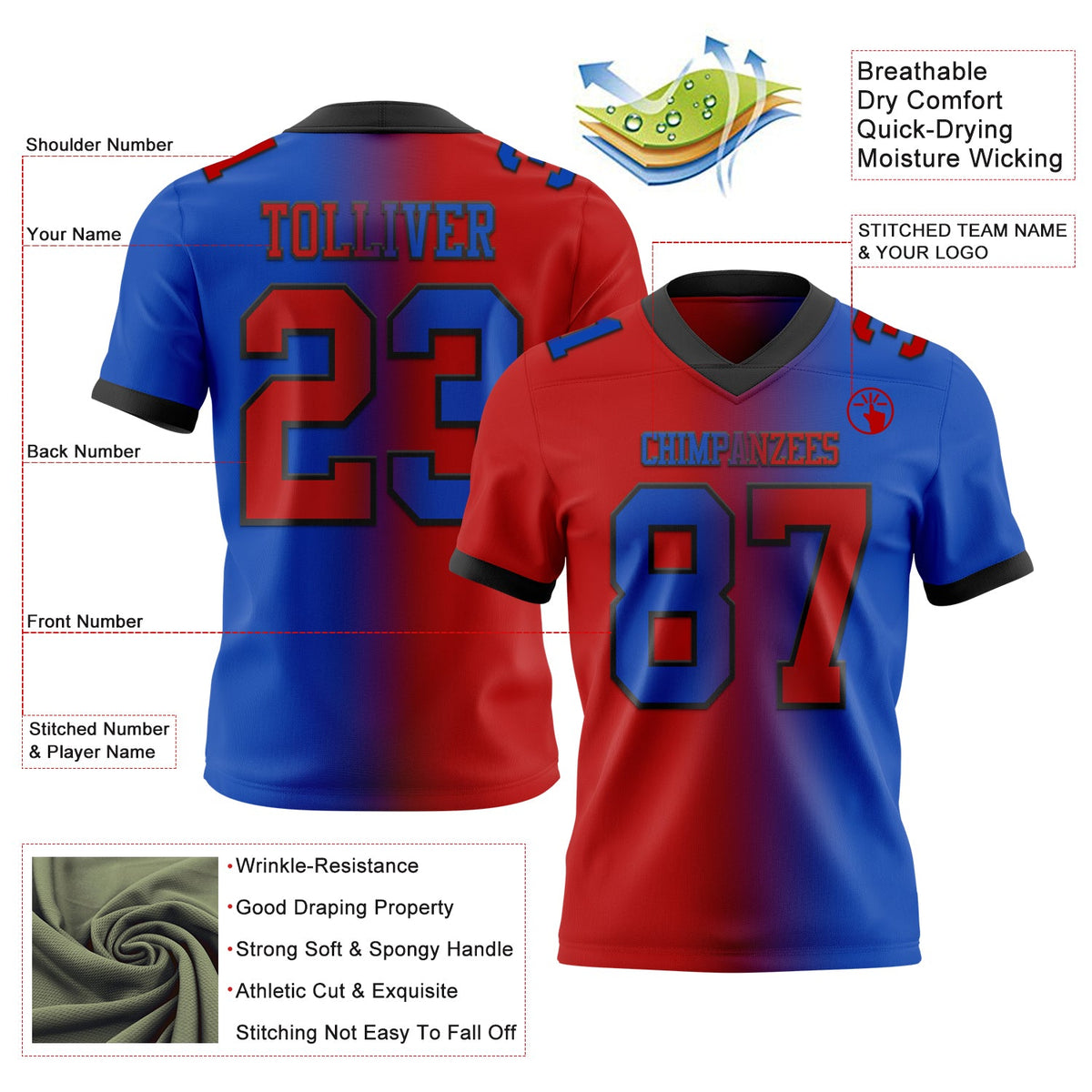 Custom Thunder Blue Red-Black Authentic Gradient Fashion Football Jersey Limited