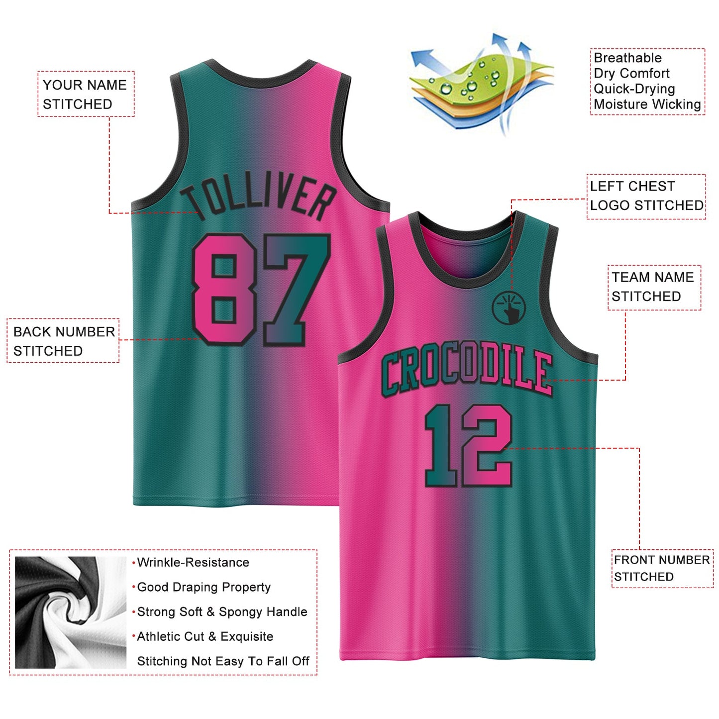 Custom Teal Pink-Black Authentic Gradient Fashion Basketball Jersey Limited