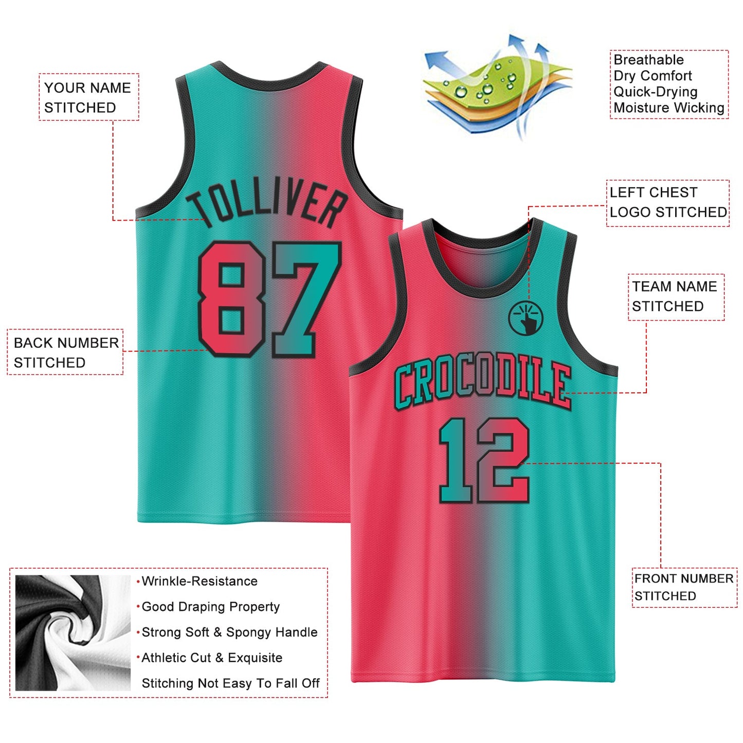 Custom Aqua Neon Pink-Black Authentic Gradient Fashion Basketball Jersey Limited