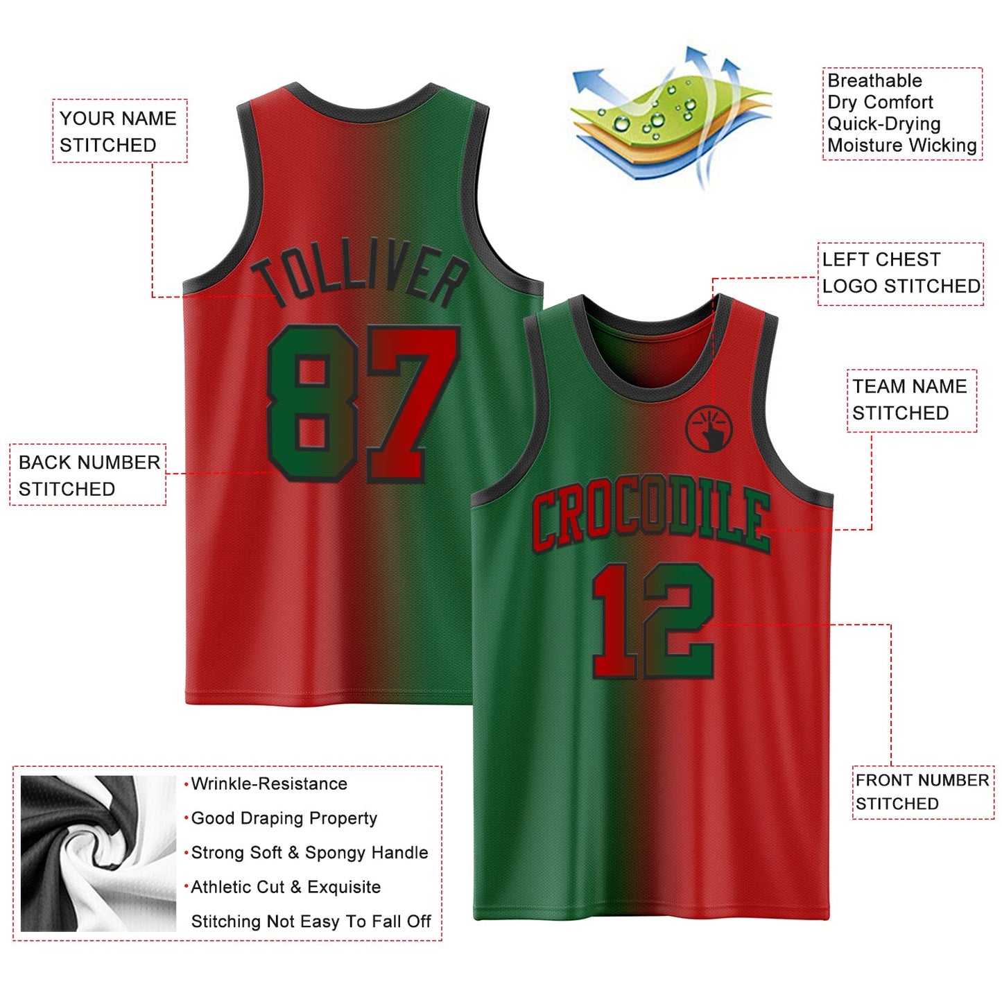Custom Red Kelly Green-Black Authentic Gradient Fashion Basketball Jersey Limited