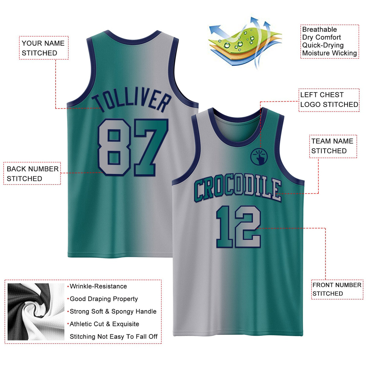 Custom Teal Gray-Navy Authentic Gradient Fashion Basketball Jersey Limited