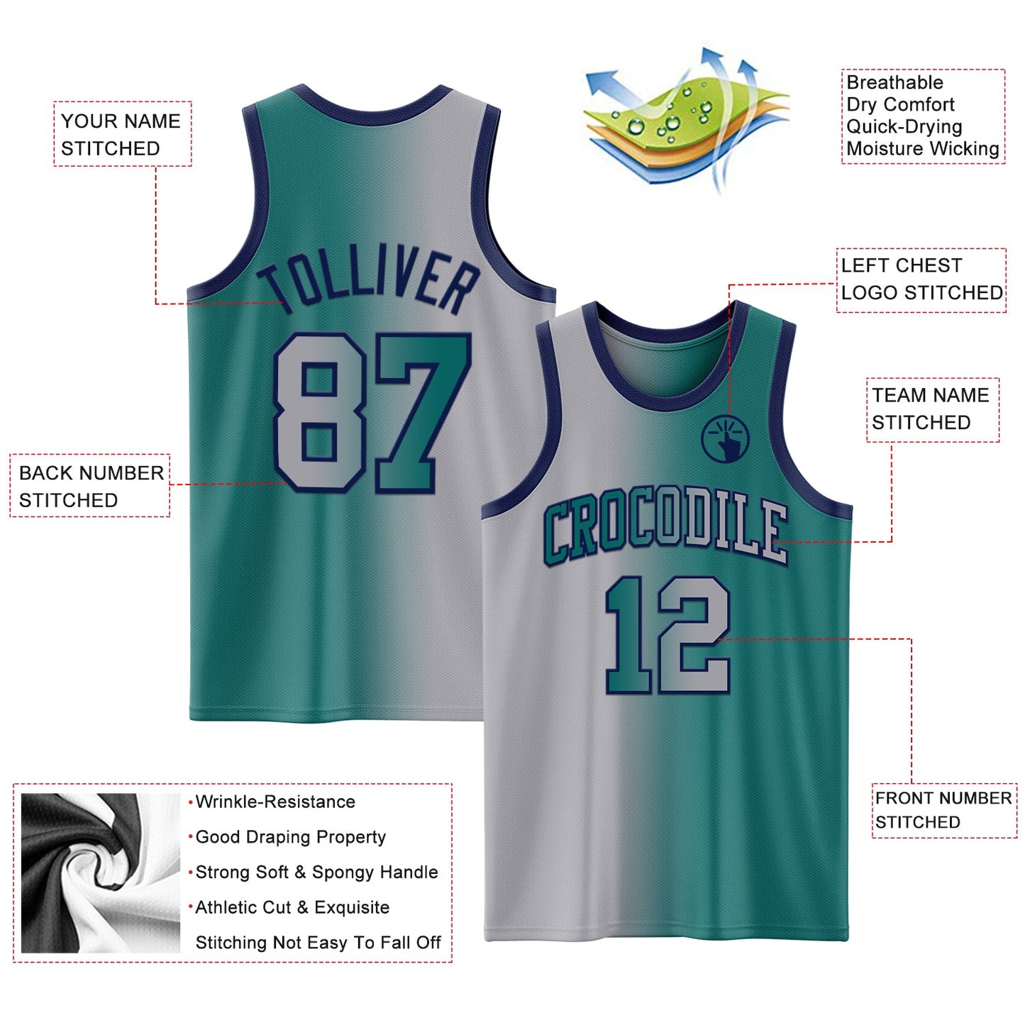 Custom Teal Gray-Navy Authentic Gradient Fashion Basketball Jersey Limited