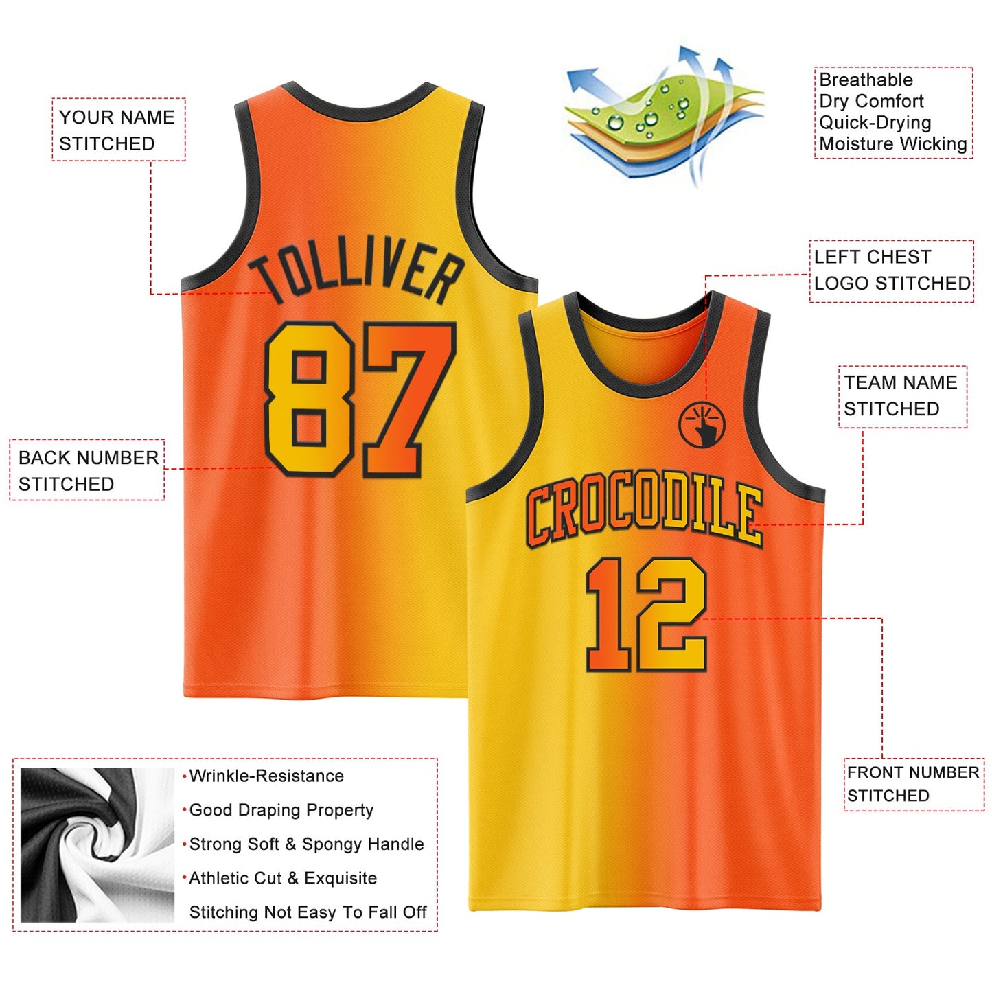 Custom Orange Yellow-Black Authentic Gradient Fashion Basketball Jersey Limited