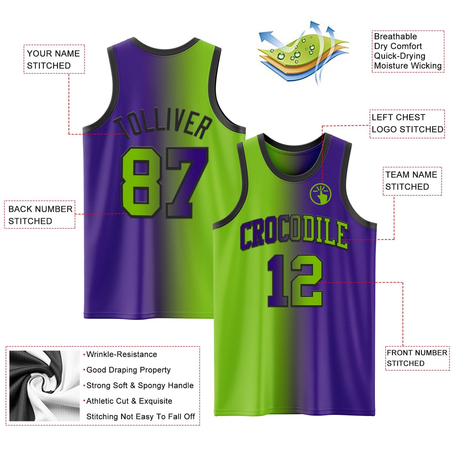 Custom Purple Neon Green-Black Authentic Gradient Fashion Basketball Jersey Limited