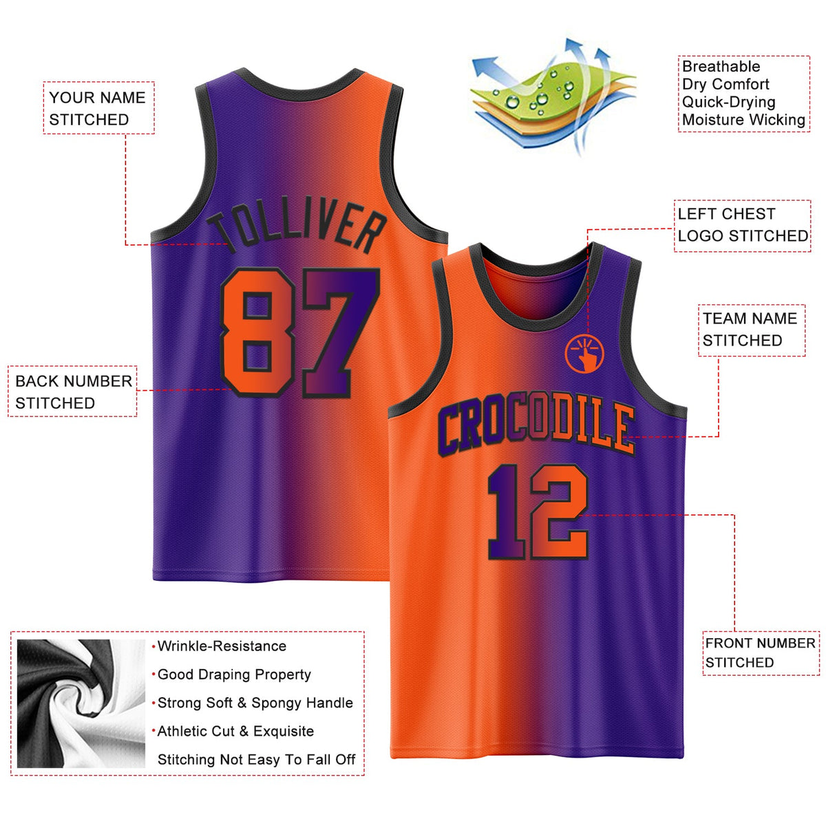 Custom Purple Orange-Black Authentic Gradient Fashion Basketball Jersey Limited