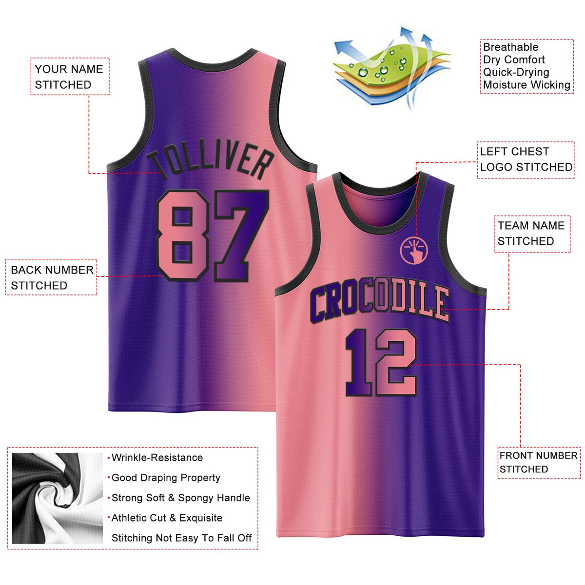 Custom Purple Medium Pink-Black Authentic Gradient Fashion Basketball Jersey Limited