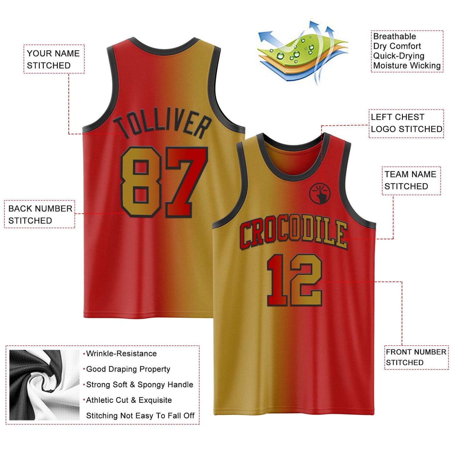 Custom Red Old Gold-Black Authentic Gradient Fashion Basketball Jersey Limited