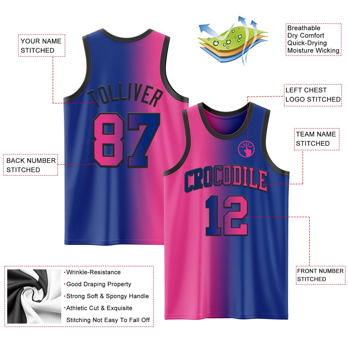 Custom Royal Pink-Black Authentic Gradient Fashion Basketball Jersey Limited