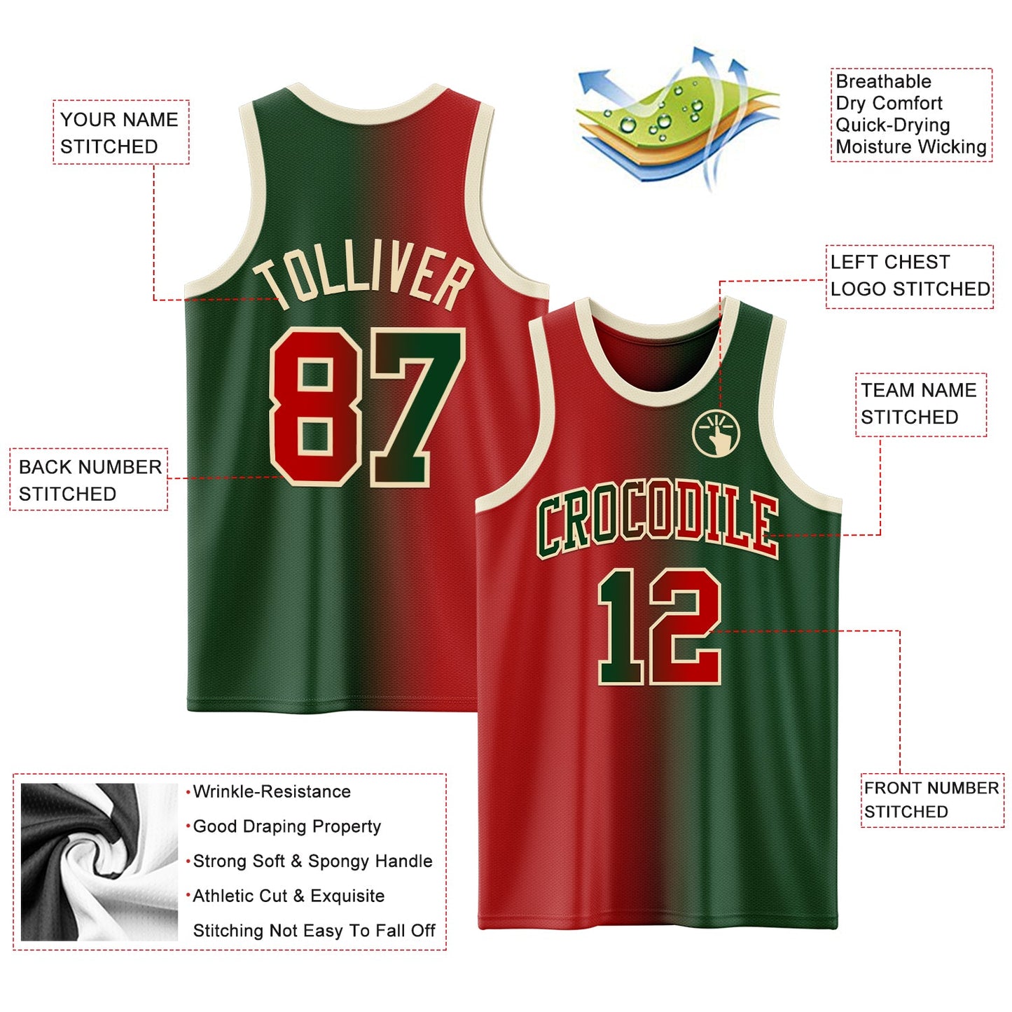 Custom Green Red-Cream Authentic Gradient Fashion Basketball Jersey Limited