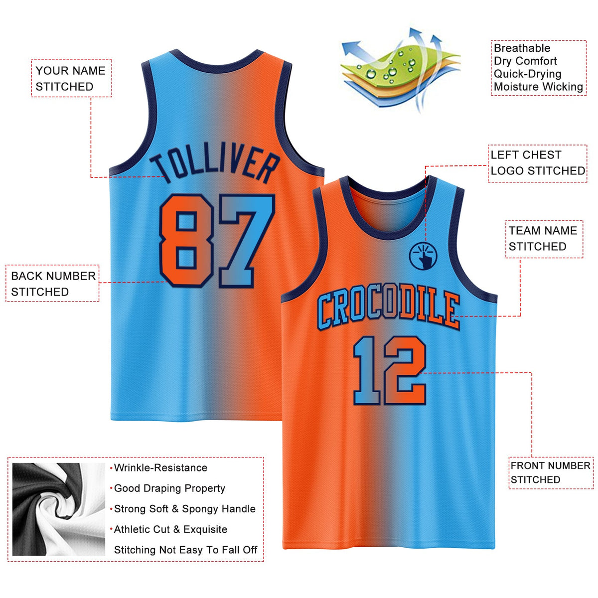 Custom Sky Blue Orange-Navy Authentic Gradient Fashion Basketball Jersey Limited