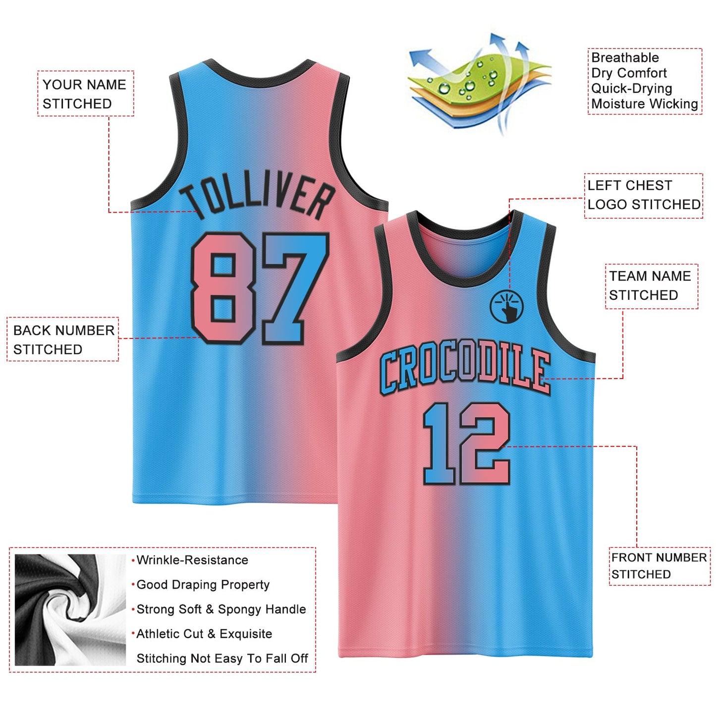 Custom Sky Blue Medium Pink-Black Authentic Gradient Fashion Basketball Jersey Limited