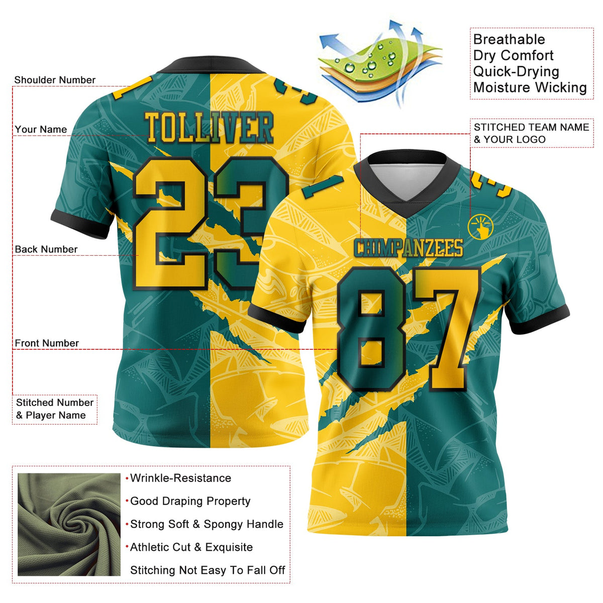 Custom Teal Yellow-Black Authentic Gradient Fashion Scratch Football Jersey Limited