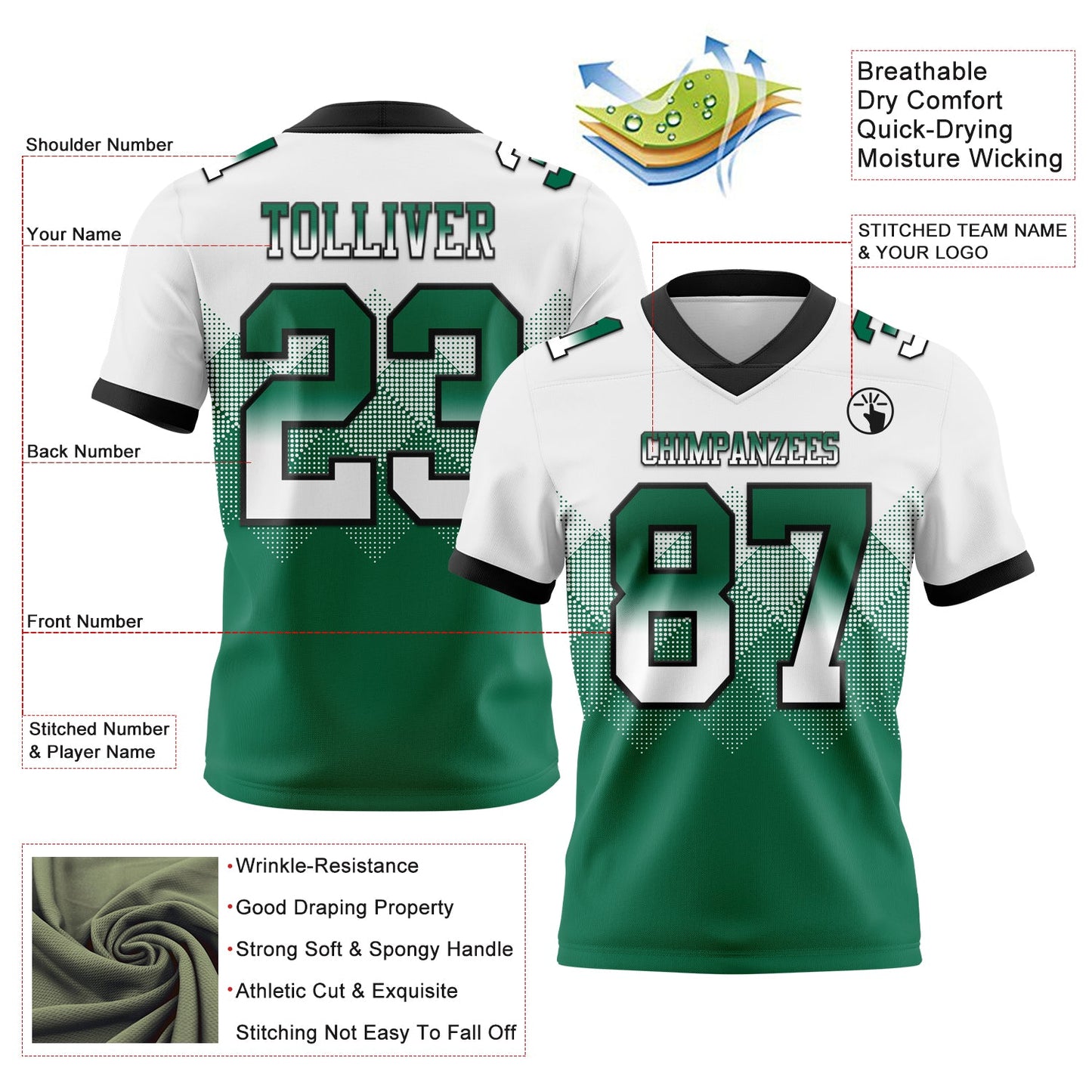 Custom White Kelly Green-Black Authentic Gradient Square Shape Flag Football Jersey Limited