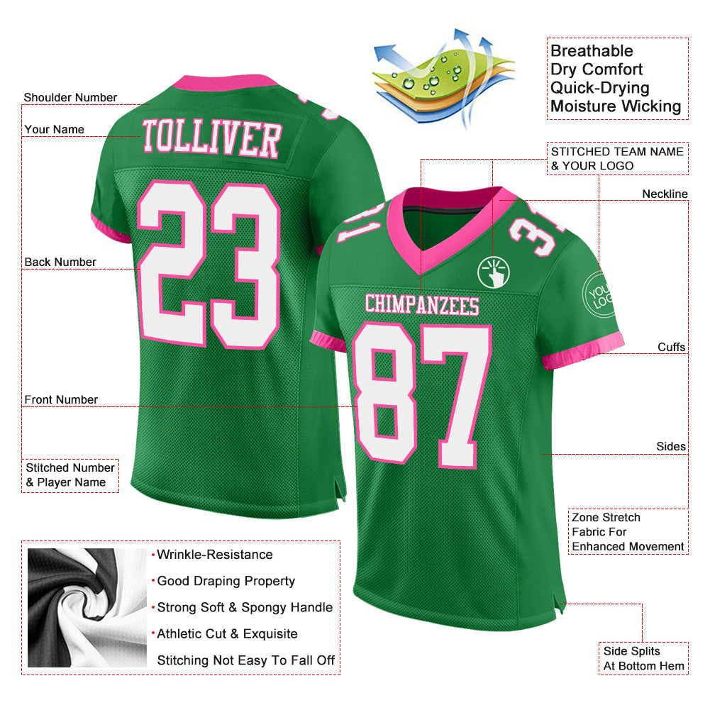 Custom Grass Green White-Pink Mesh Authentic Football Jersey Limited