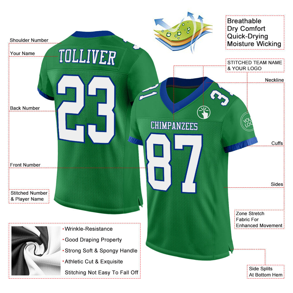Custom Grass Green White-Royal Mesh Authentic Football Jersey Limited