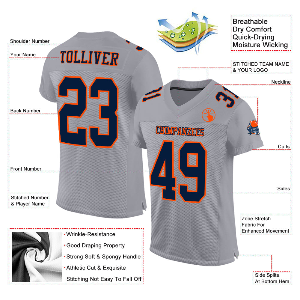 Custom Gray Navy-Orange Mesh Authentic Football Jersey Limited