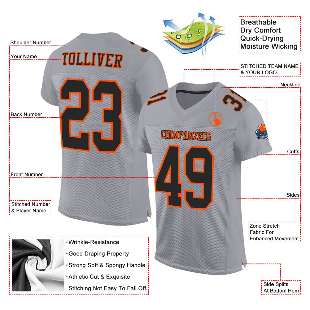 Custom Gray Black-Orange Mesh Authentic Football Jersey Limited
