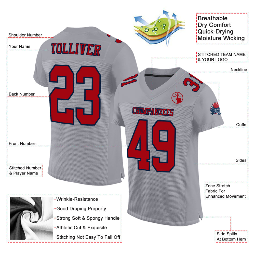 Custom Gray Red-Navy Mesh Authentic Football Jersey Limited