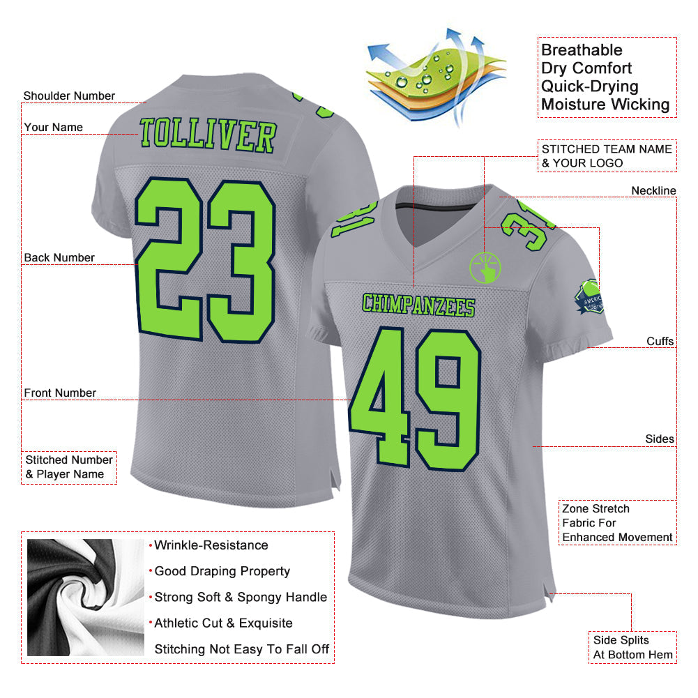 Custom Gray Neon Green-Navy Mesh Authentic Football Jersey Limited