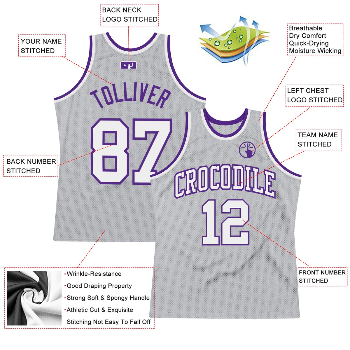 Custom Gray White-Purple Authentic Throwback Basketball Jersey Limited