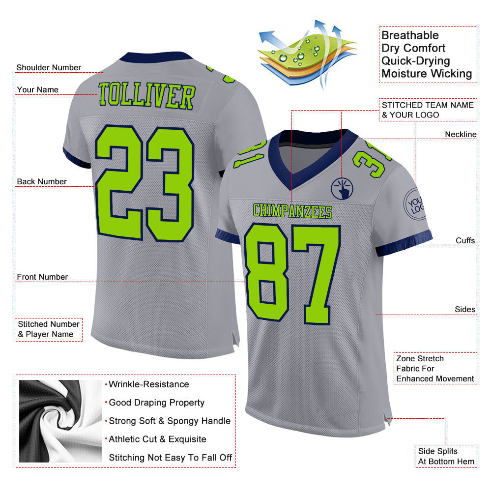 Custom Gray Neon Green-Navy Mesh Authentic Football Jersey Limited