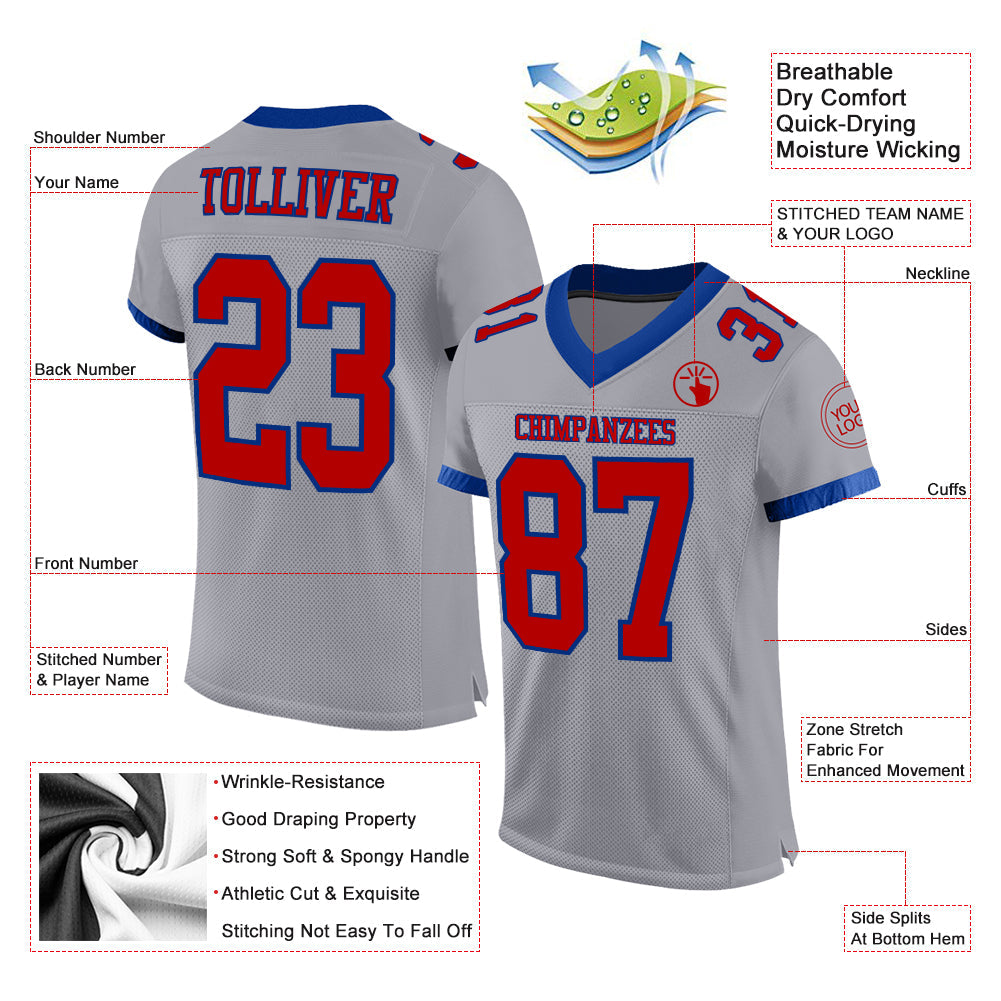 Custom Gray Red-Royal Mesh Authentic Football Jersey Limited