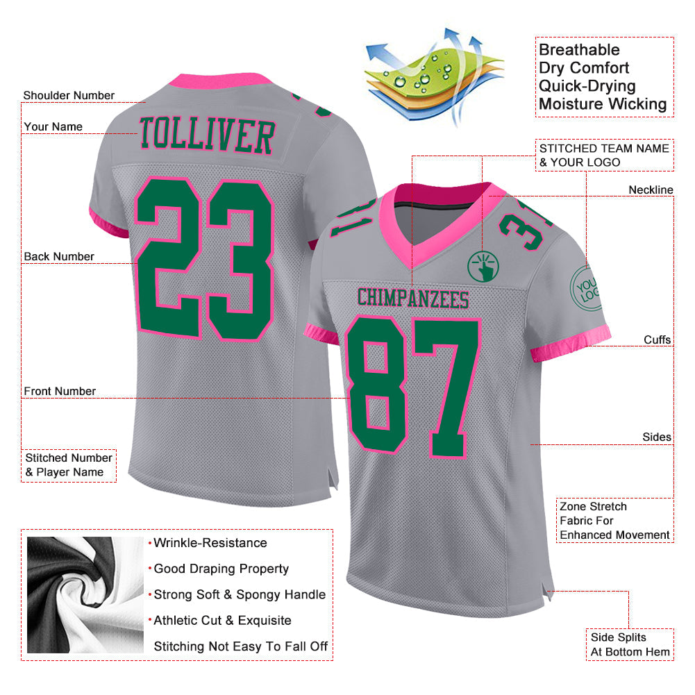 Custom Gray Kelly Green-Pink Mesh Authentic Football Jersey Limited