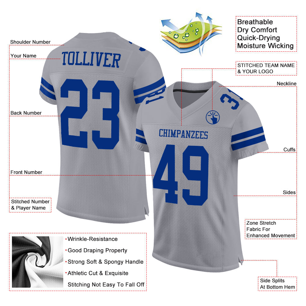 Custom Gray Royal Mesh Authentic Football Jersey Limited