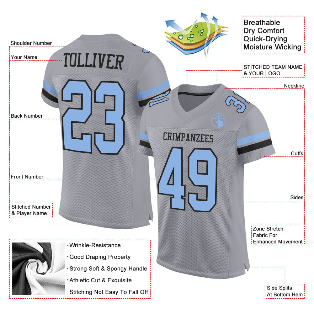 Custom Gray Light Blue-Black Mesh Authentic Football Jersey Limited