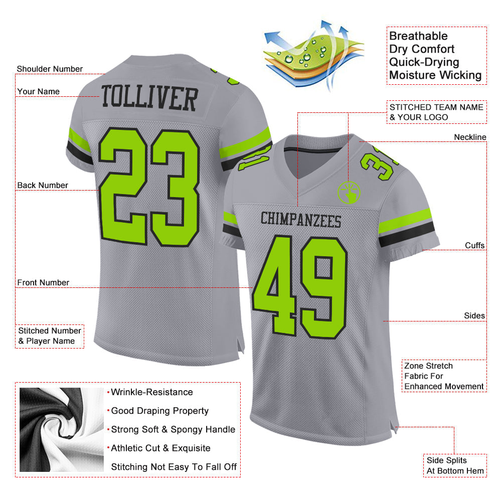 Custom Gray Neon Green-Black Mesh Authentic Football Jersey Limited