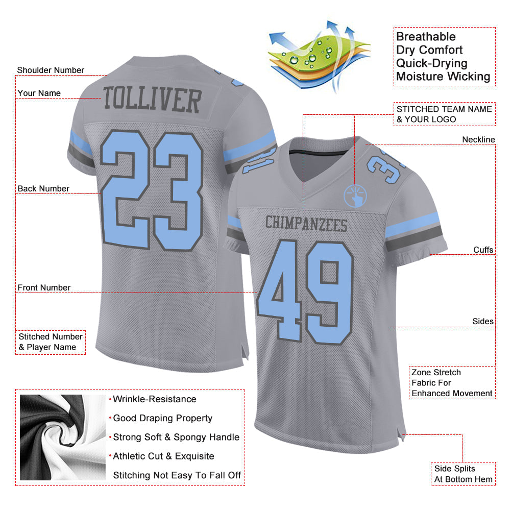 Custom Gray Light Blue-Steel Gray Mesh Authentic Football Jersey Limited