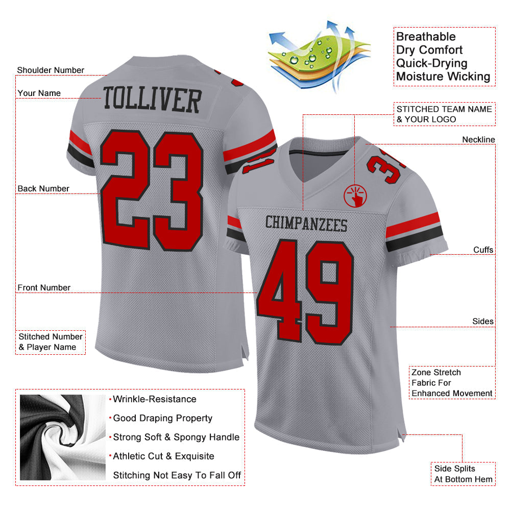 Custom Gray Red-Black Mesh Authentic Football Jersey Limited
