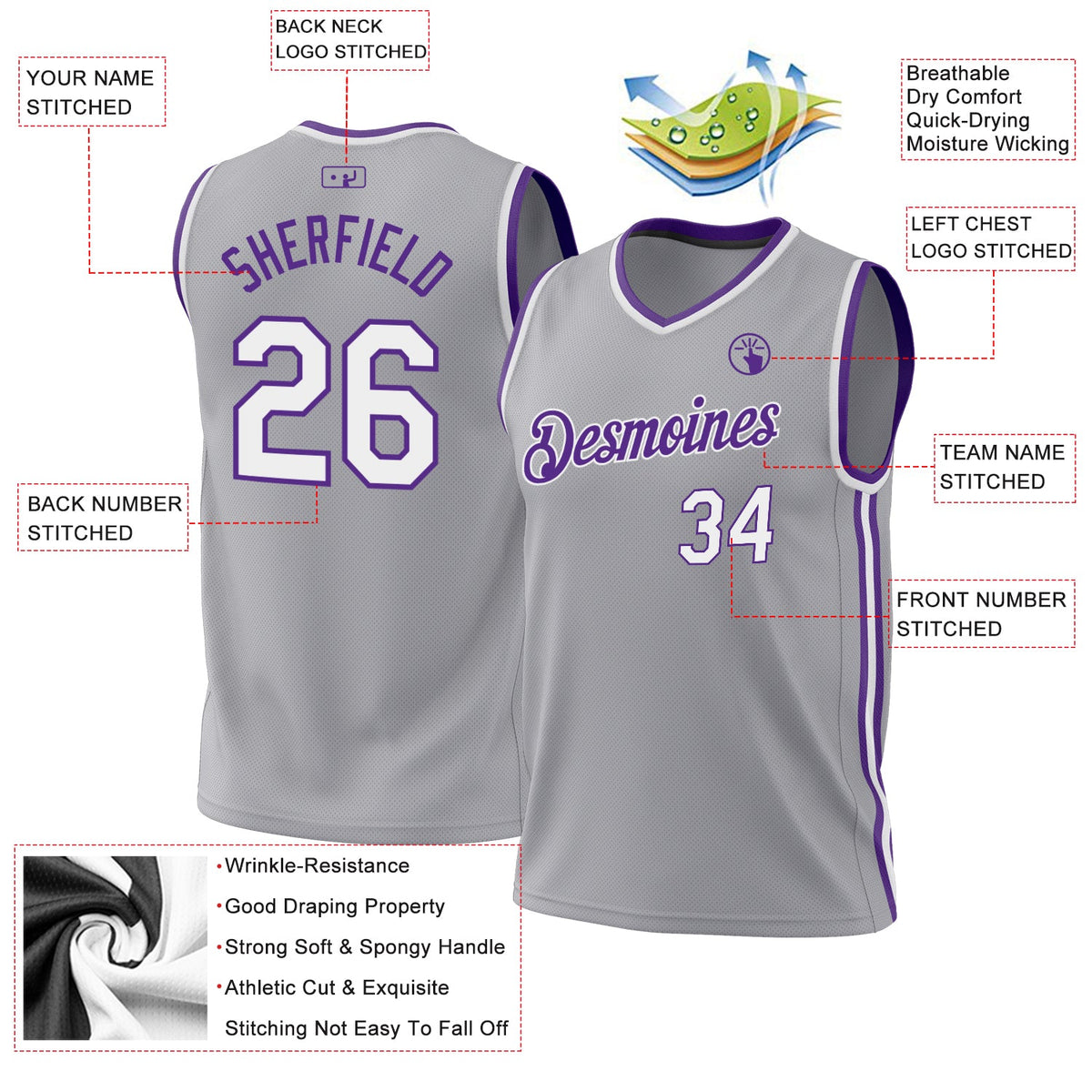 Custom Gray White-Purple Authentic Throwback Basketball Jersey Limited